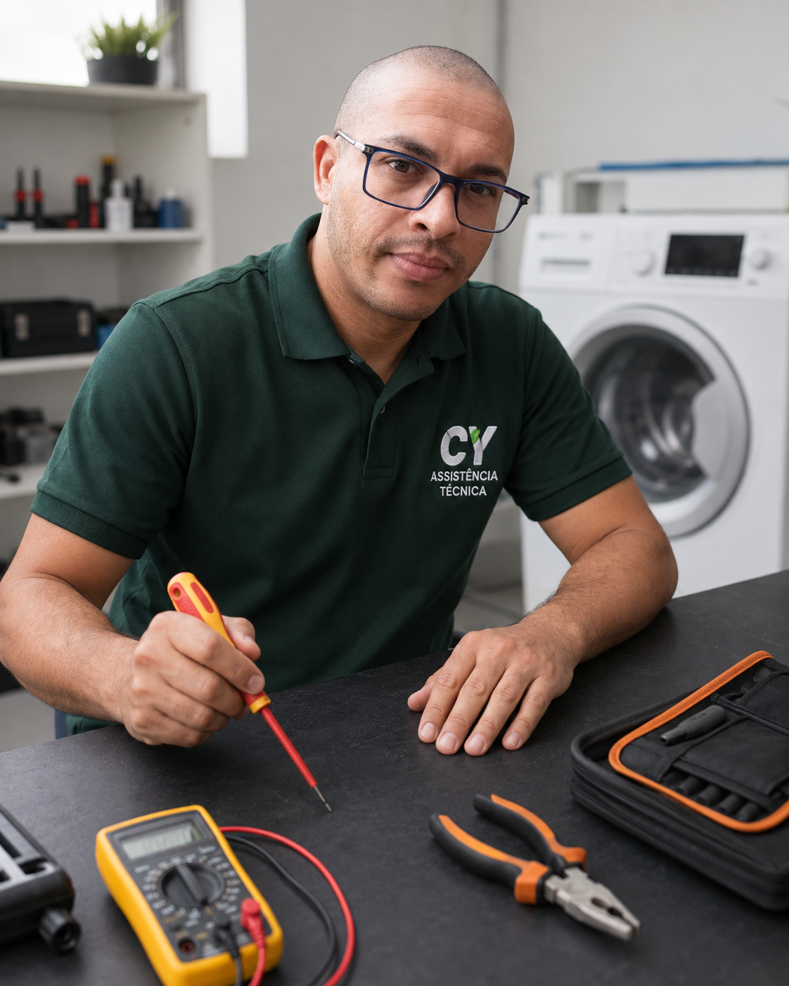 Retrato ilustrativo do técnico da CY com ferramentas, criado a partir de sua foto
